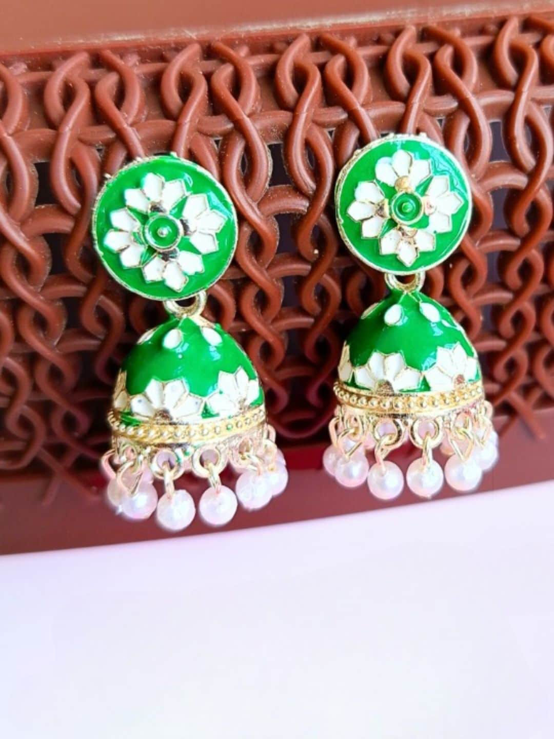 

Anouk Gold-Plated Beaded Dome Shaped Meenakari Jhumkas