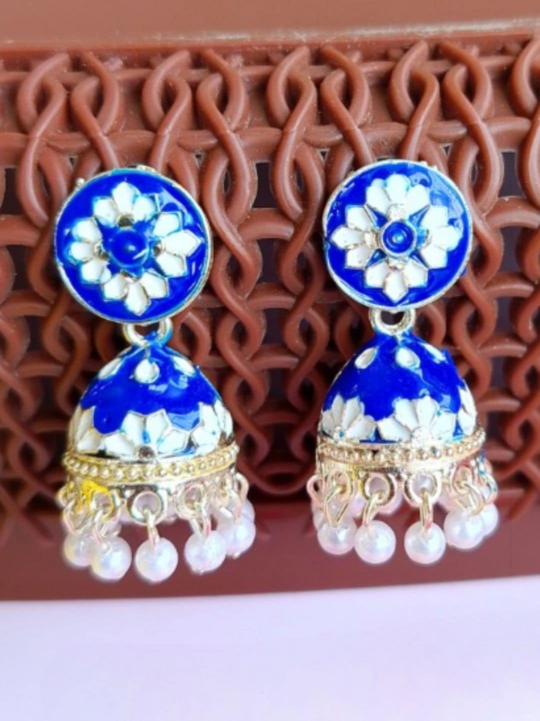 

Anouk Blue Gold Plated Kundan Classic Meenakari Jhumkas