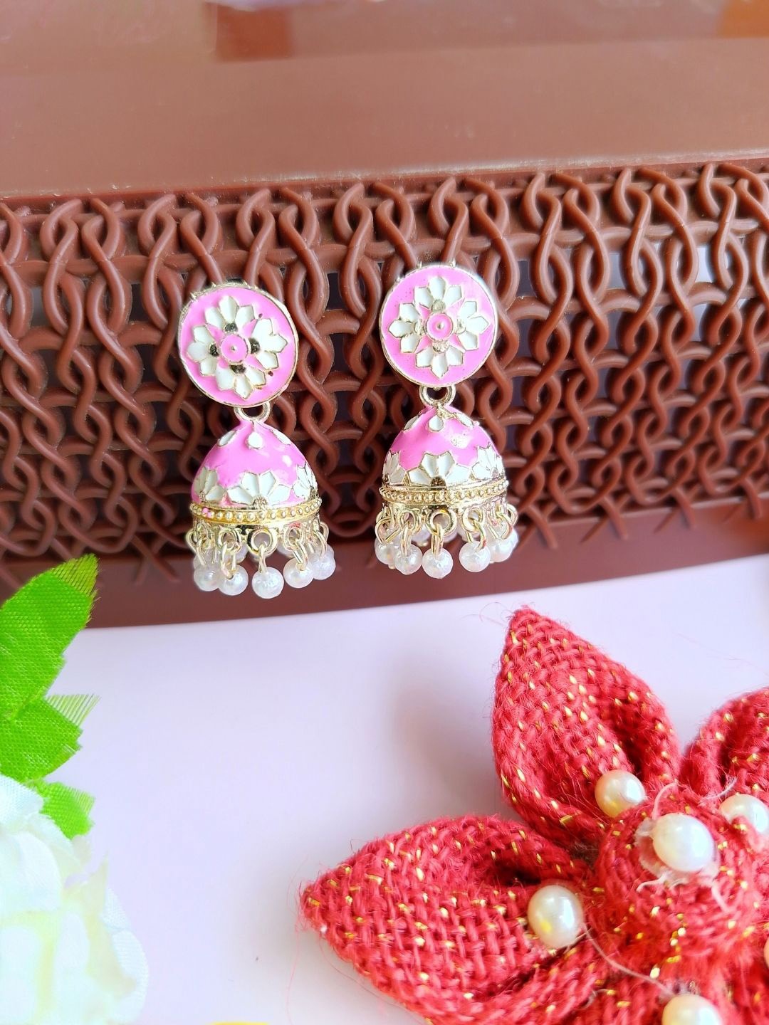 

Anouk Gold Toned & Pink Gold Plated Dome Shaped Kundan Meenakari Jhumkas