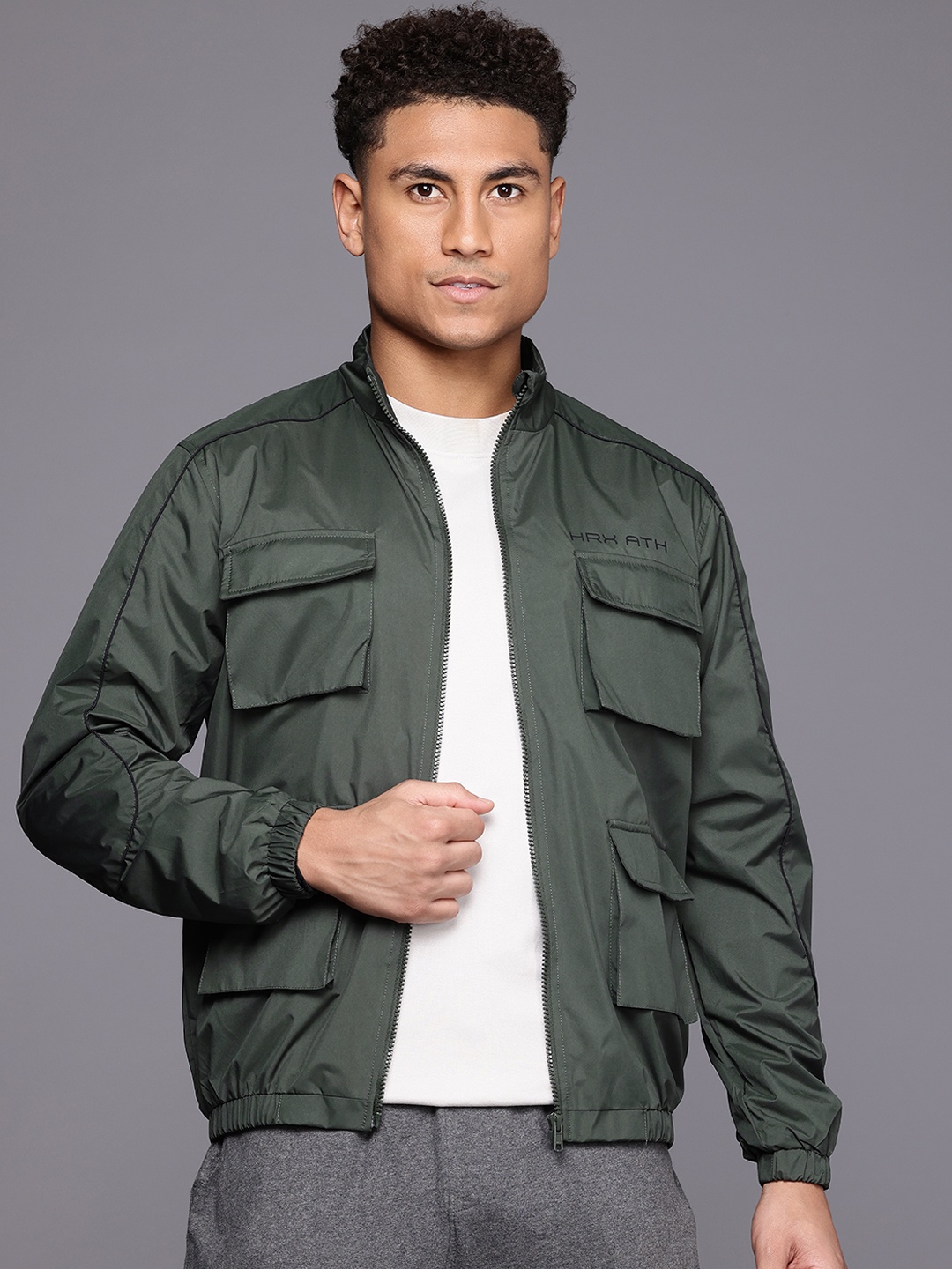 

HRX by Hrithik Roshan Longline Cargo-Style Tailored Jacket, Olive