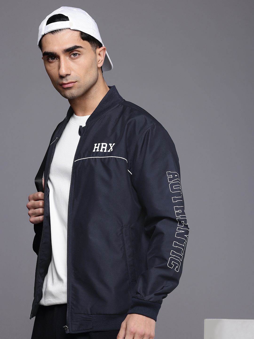 

HRX by Hrithik Roshan Typography Printed Lifestyle Bomber Jacket, Navy blue