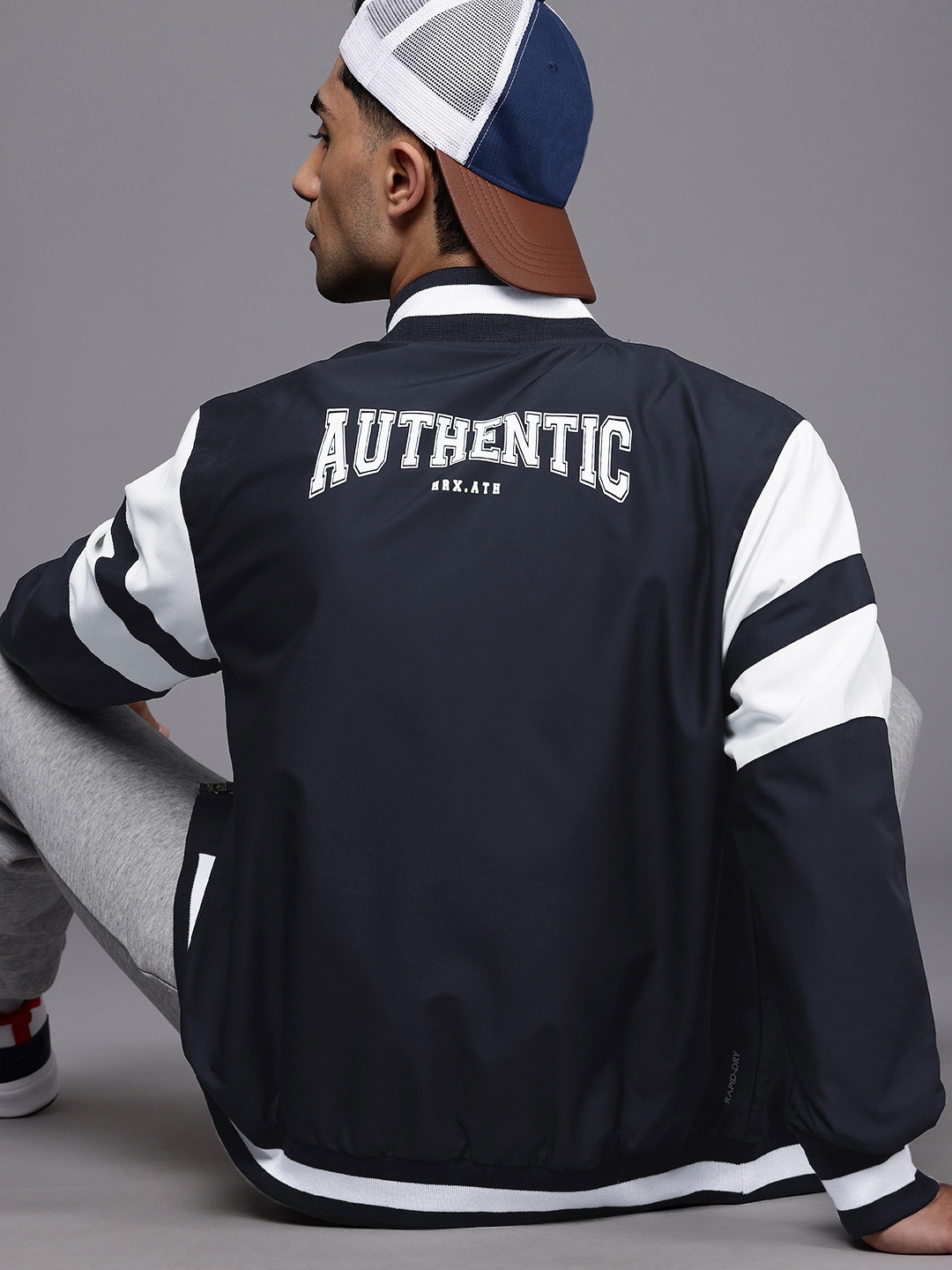 

HRX by Hrithik Roshan Prosport-Collection Typography Printed Varsity Lifestyle Jacket, Navy blue