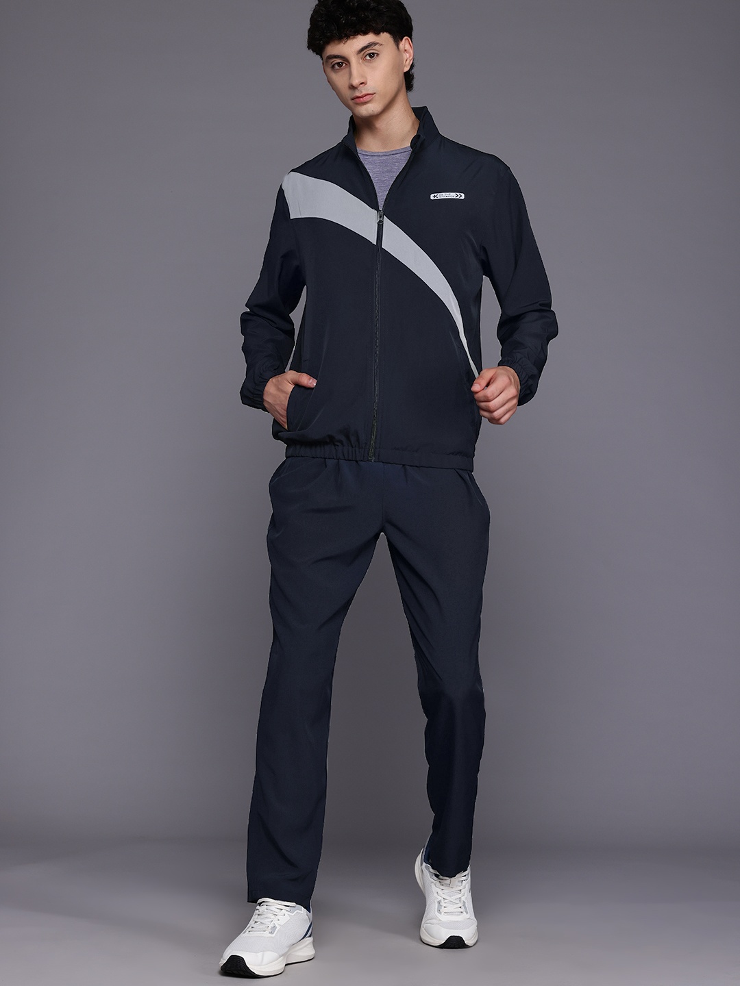 

HRX by Hrithik Roshan Men Striped Rapid-Dry Running Tracksuit, Navy blue