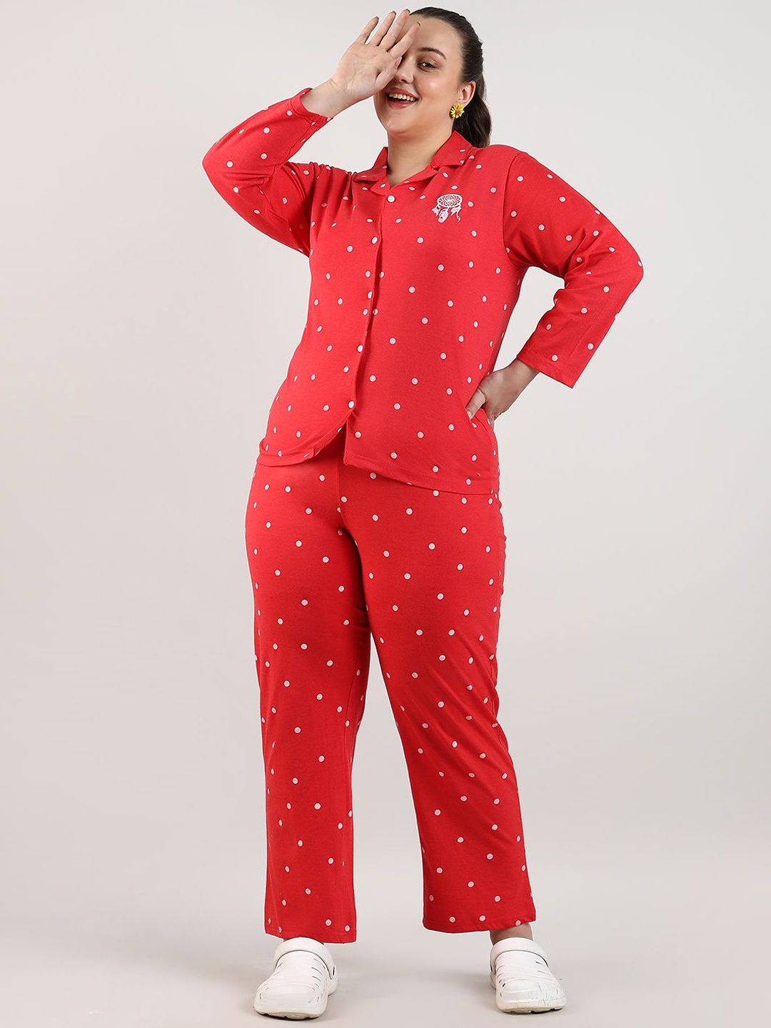 

Instafab Plus Polka Dots Printed Pure Cotton Shirt With Pyjamas, Red