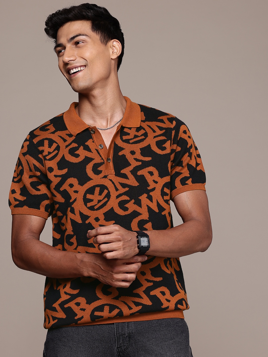 

WROGN Typography Printed Polo Collar Pure Cotton Slim Fit T-shirt, Black