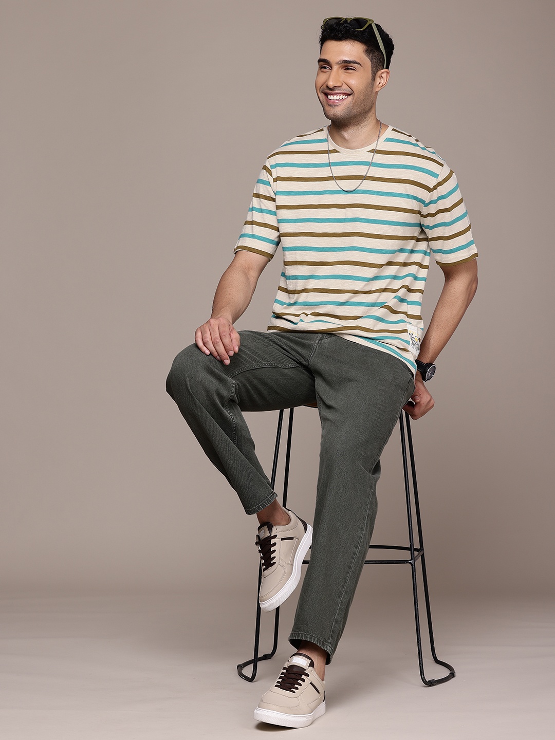

WROGN Striped Pure Cotton T-shirt, Beige