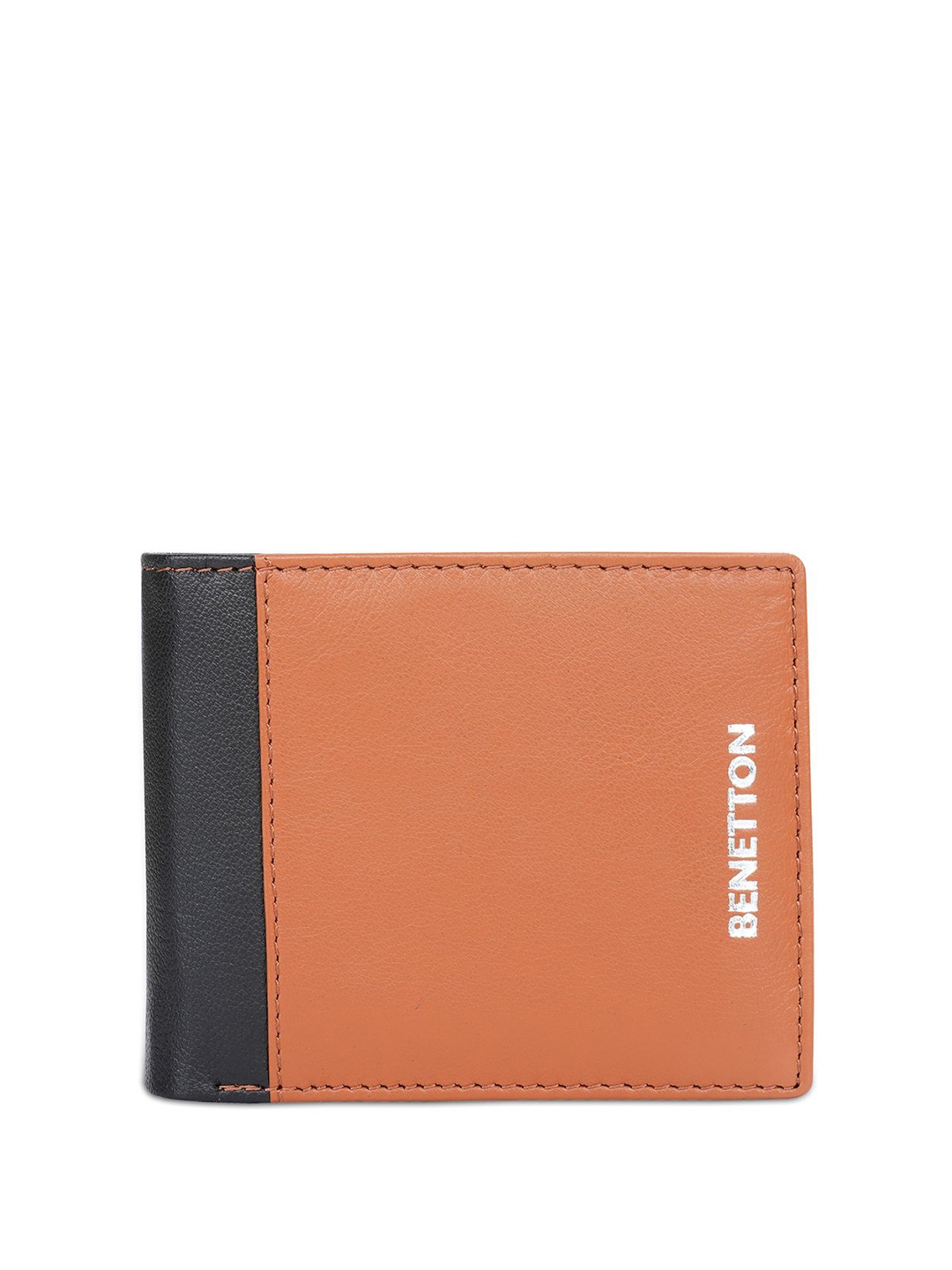 

United Colors of Benetton Men Typography Leather Two Fold Wallet, Tan