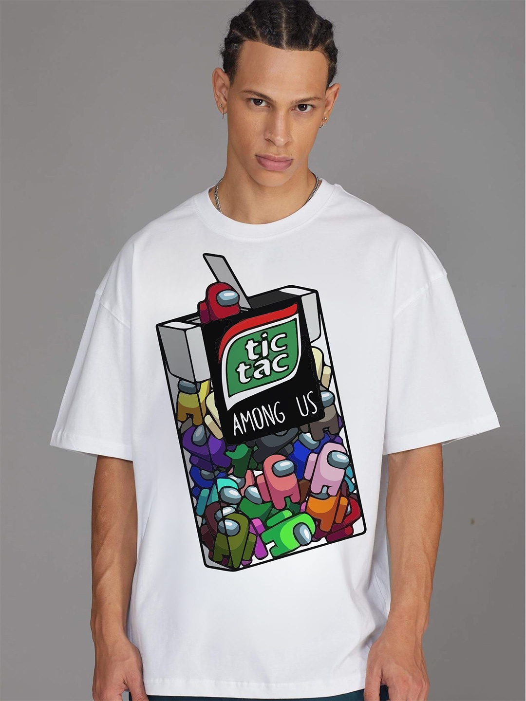 

RARESCAPE Men Graphic Printed Oversized Round Neck T-shirt, White