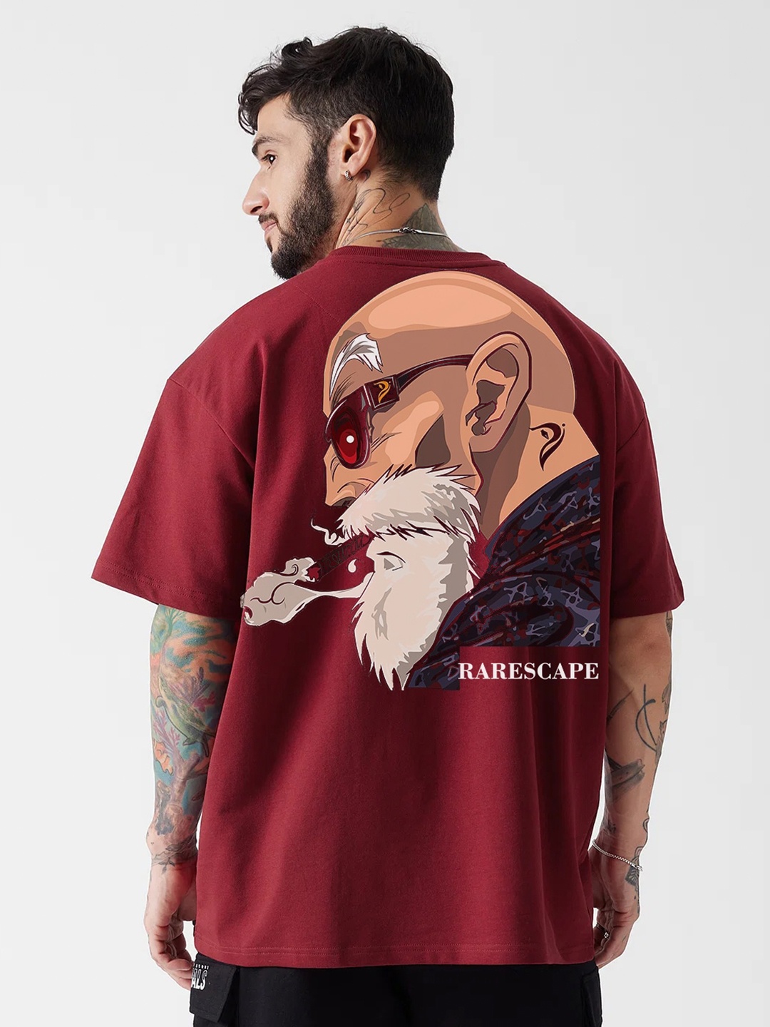 

RARESCAPE Graphic Printed Drop Shoulder Cotton Oversized T-shirt, Red