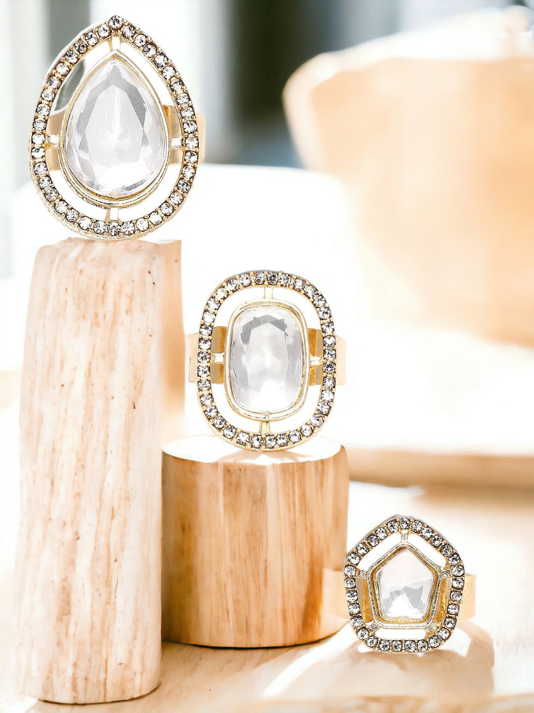 

OOMPH Set Of 3 Kundan-Studded Rings, Gold