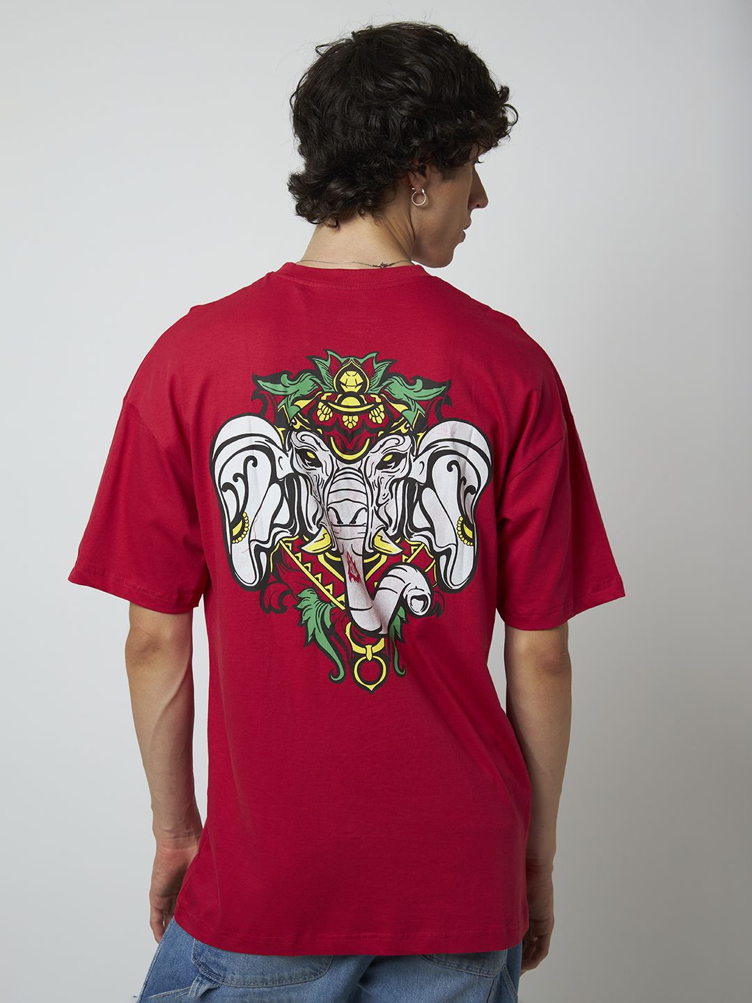 MyDesignation Graphic Printed Drop-Shoulder Sleeves Cotton Oversized T-shirt, Red
