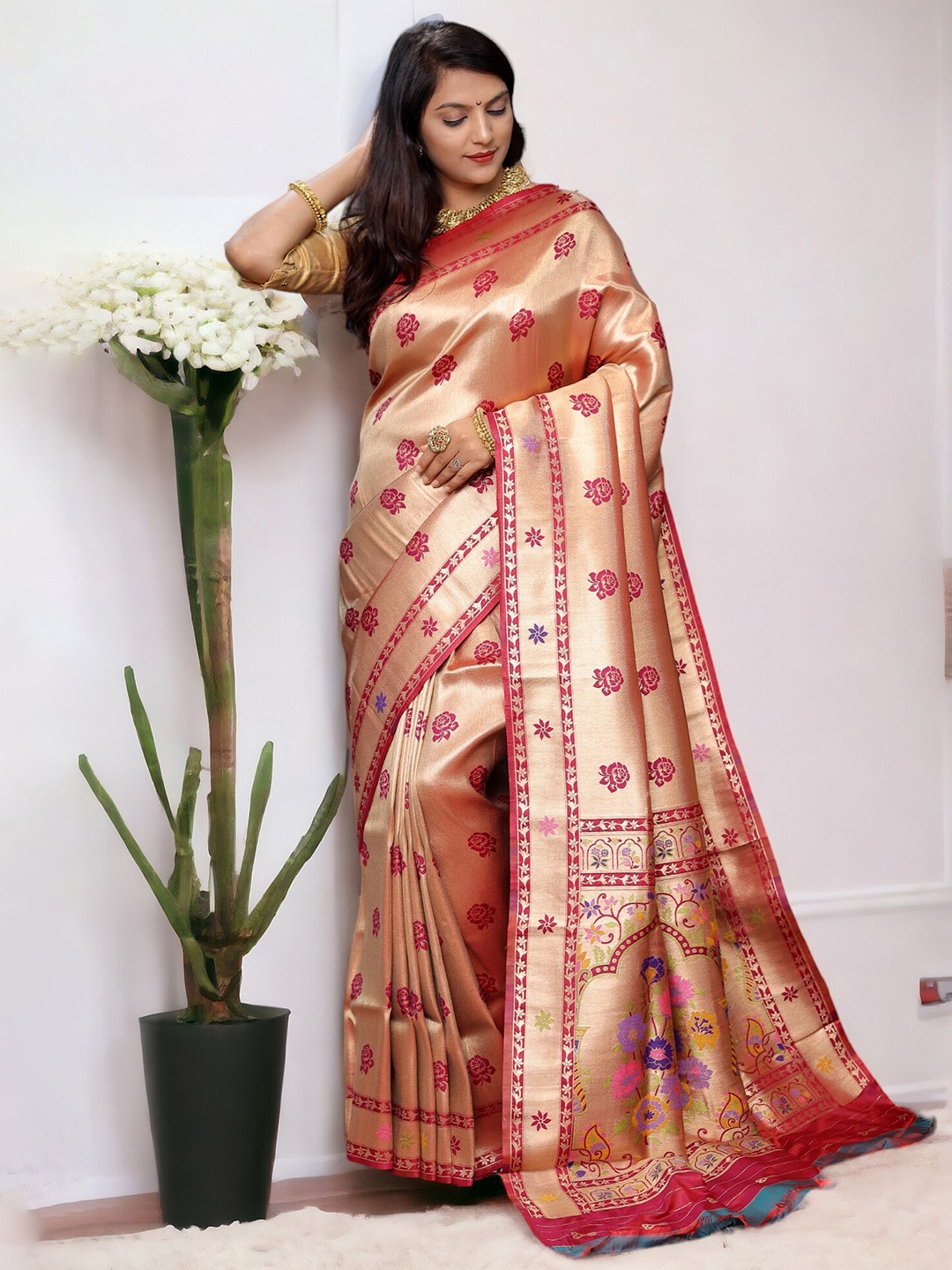 

Vastrasky Global Ethnic Motifs Zari Saree, Magenta