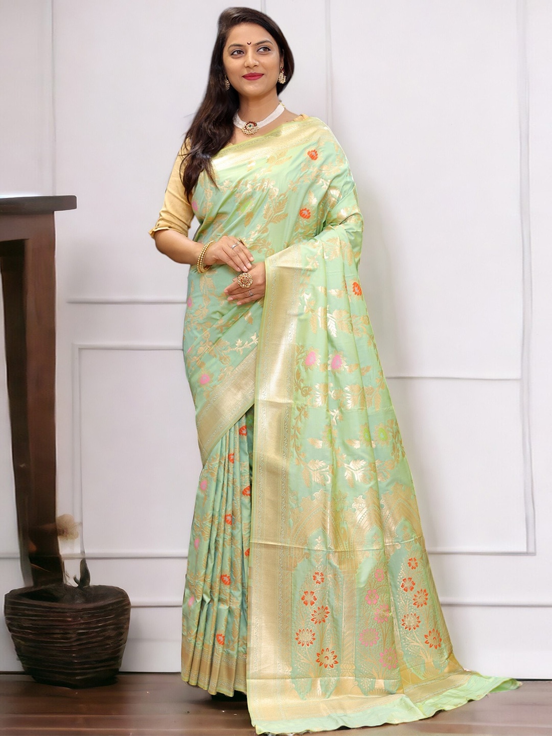 

Vastrasky Global Zari Woven Design Zari Saree, Sea green