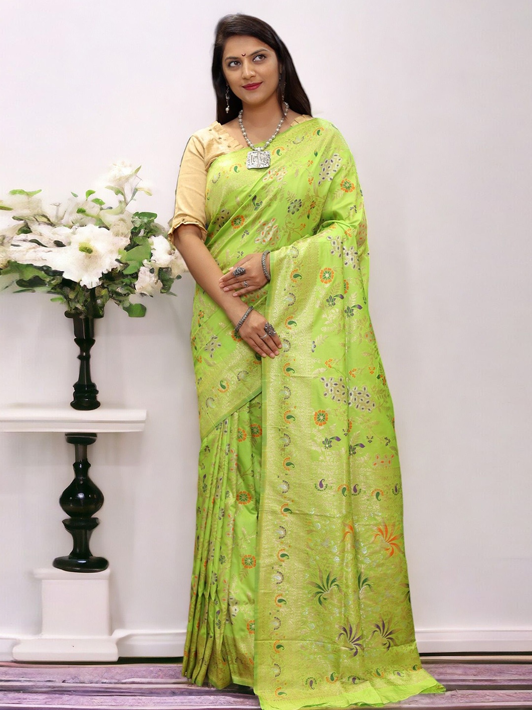 

Vastrasky Global Ethnic Motifs Zari Saree, Green