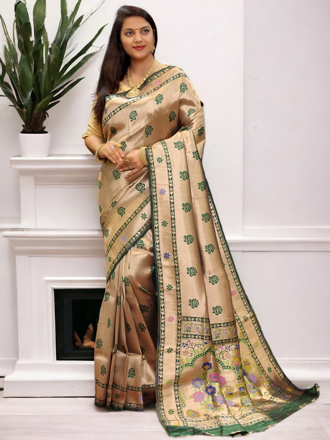 

Vastrasky Global Ethnic Motifs Zari Saree, Lime green