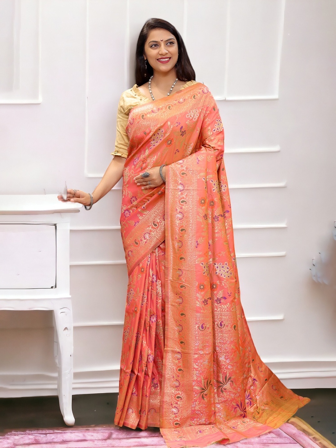 

Vastrasky Global Ethnic Motifs Zari Art Silk Saree, Peach