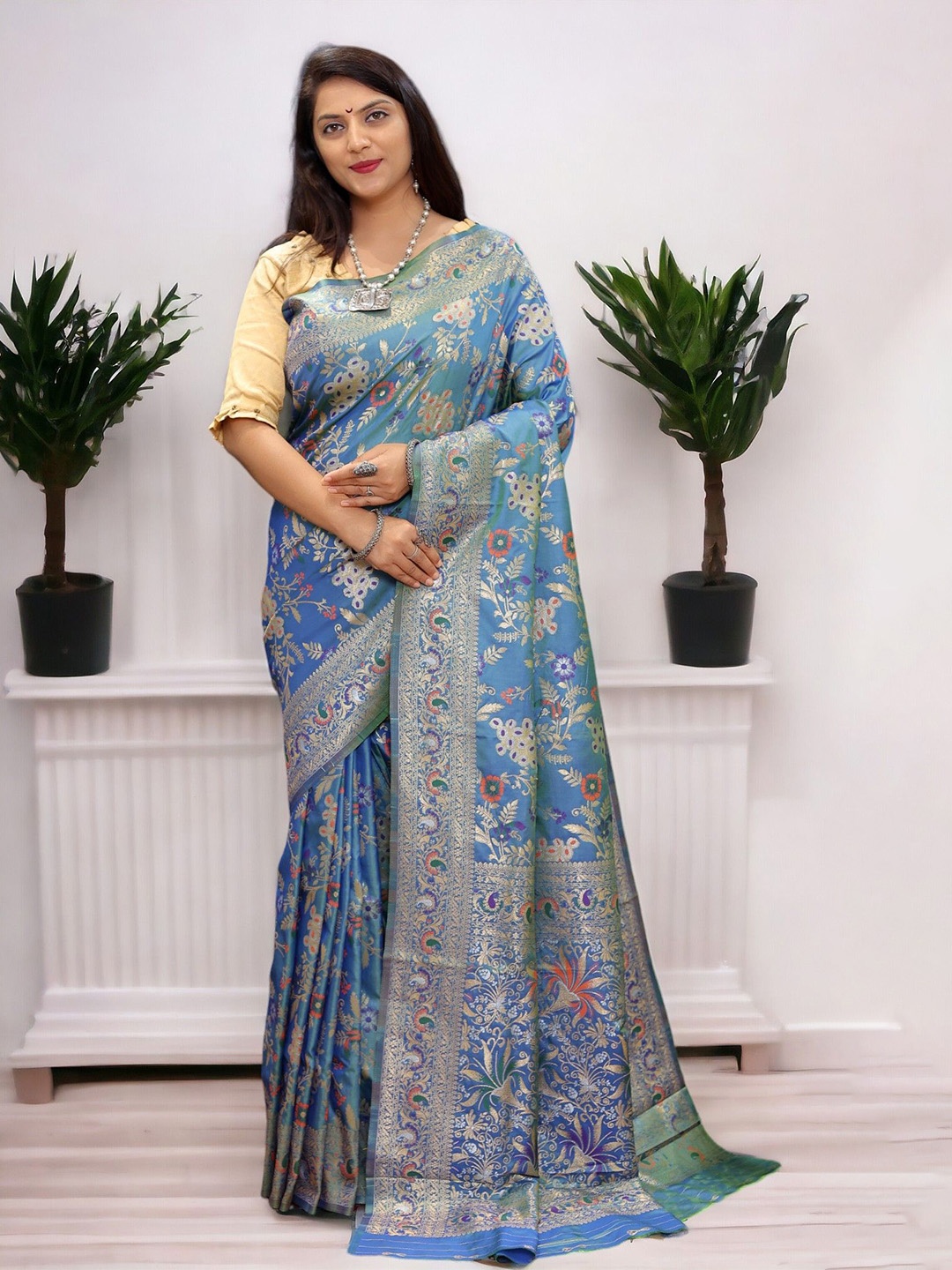 

Vastrasky Global Ethnic Motifs Zari Art Silk Saree, Turquoise blue