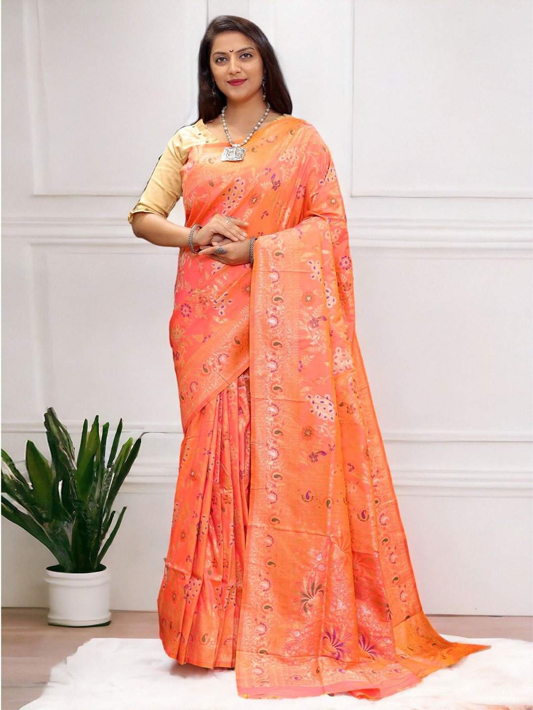 

Vastrasky Global Woven Design Zari Saree, Orange