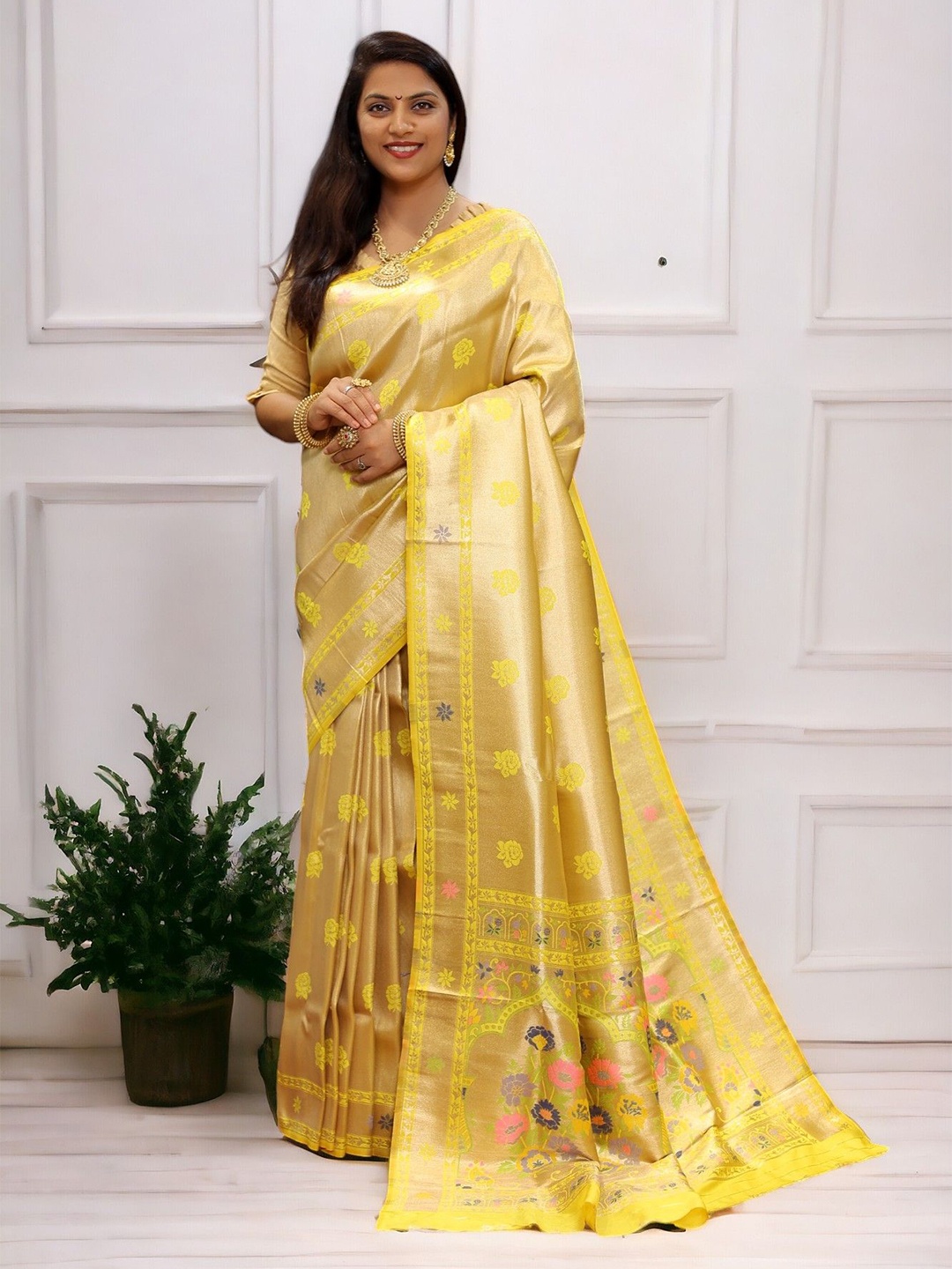 

Vastrasky Global Ethnic Motifs Zari Art Silk Saree, Yellow