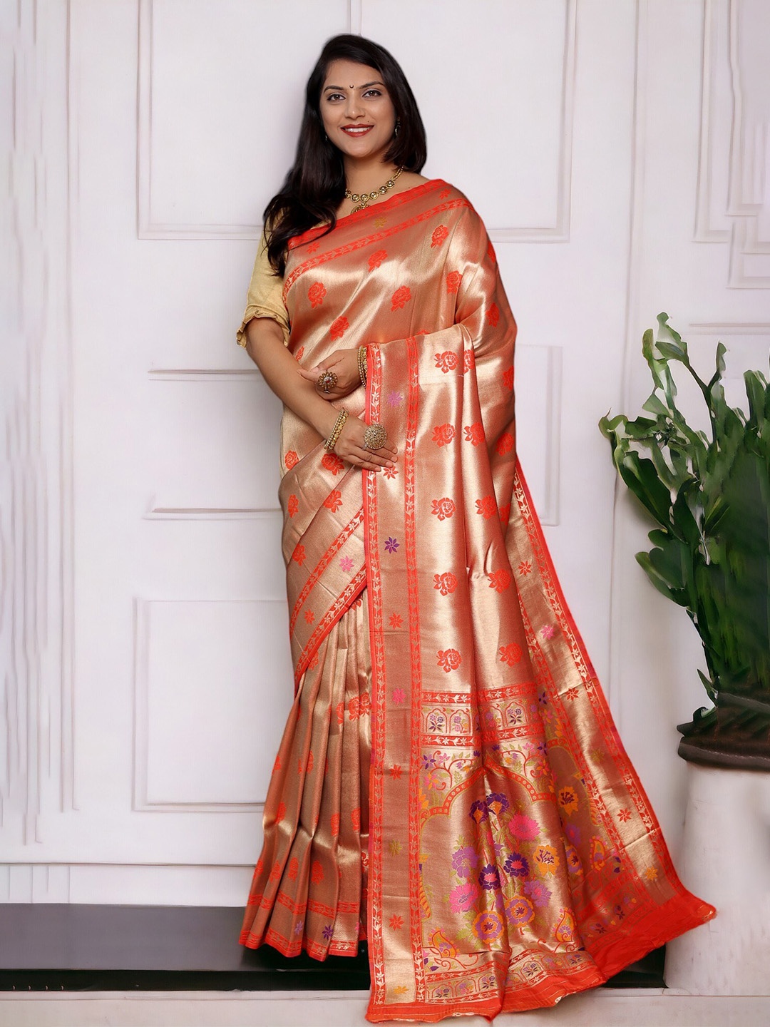 

Vastrasky Global Ethnic Motifs Zari Saree, Orange