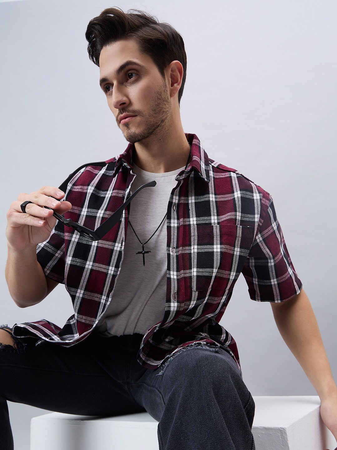 

CHIMPAAANZEE Tartan Checked Oversized Casual Shirt, Maroon