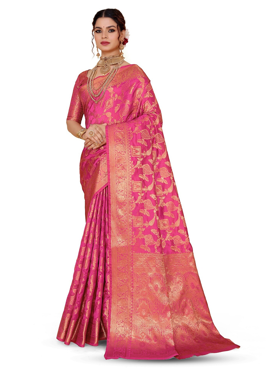 

AKSH FASHION Woven Design Zari Organza Banarasi Saree, Pink