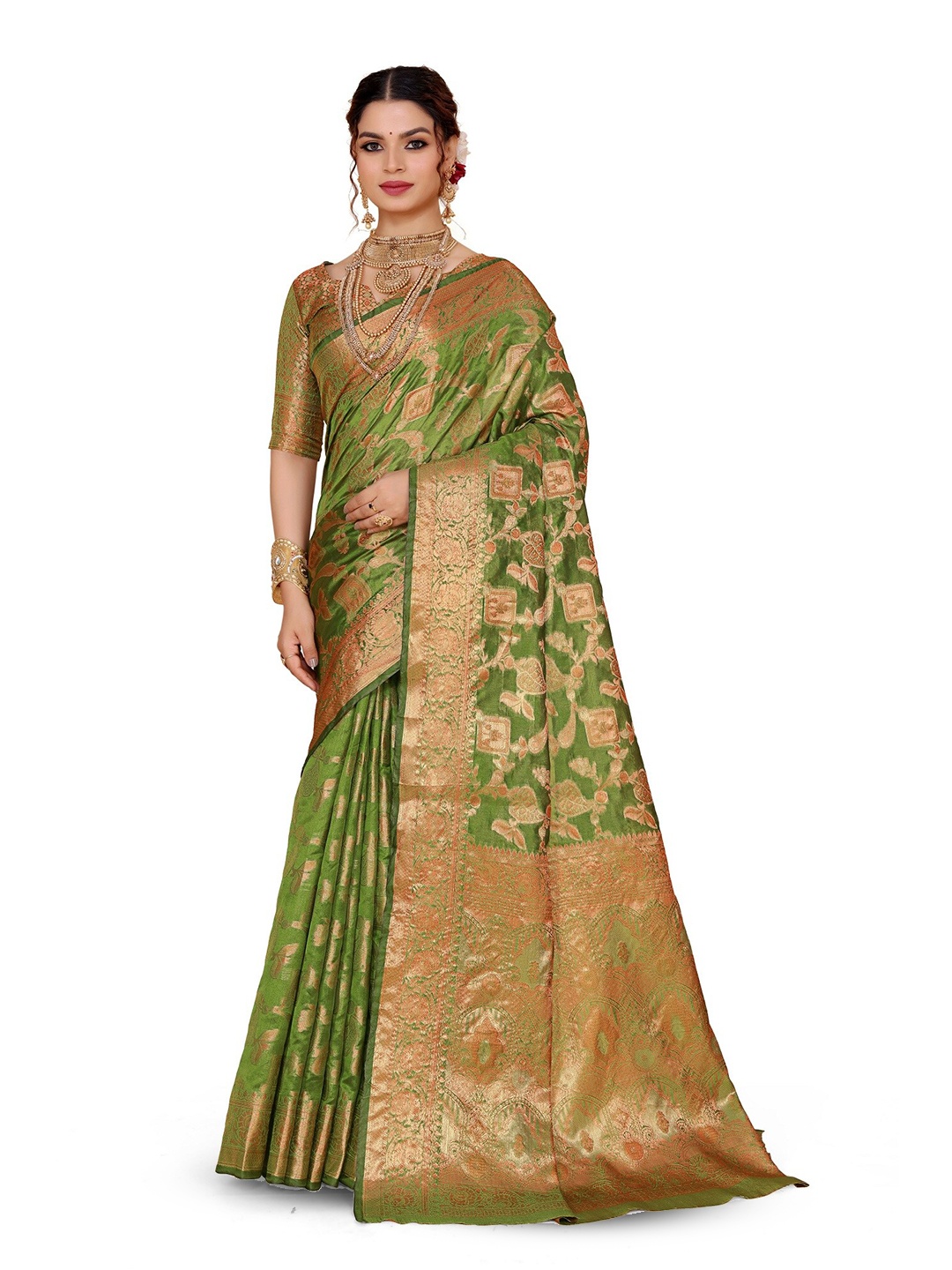 

AKSH FASHION Woven Design Zari Organza Banarasi Saree, Green