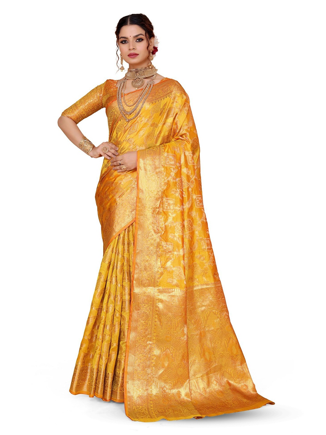 

AKSH FASHION Woven Design Zari Organza Banarasi Saree, Yellow