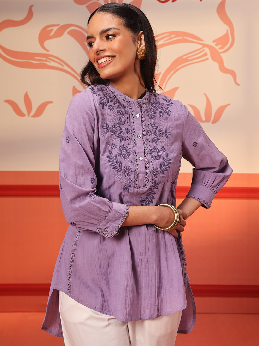 

Lakshita Floral Print Mandarin Collar Georgette Top, Mauve