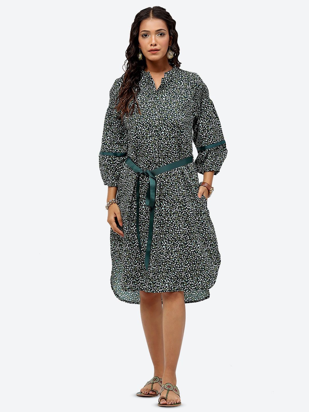 

Baawri Abstract Printed Mandarin Collar Cuffed Sleeves Curved Shirt Dress, Green