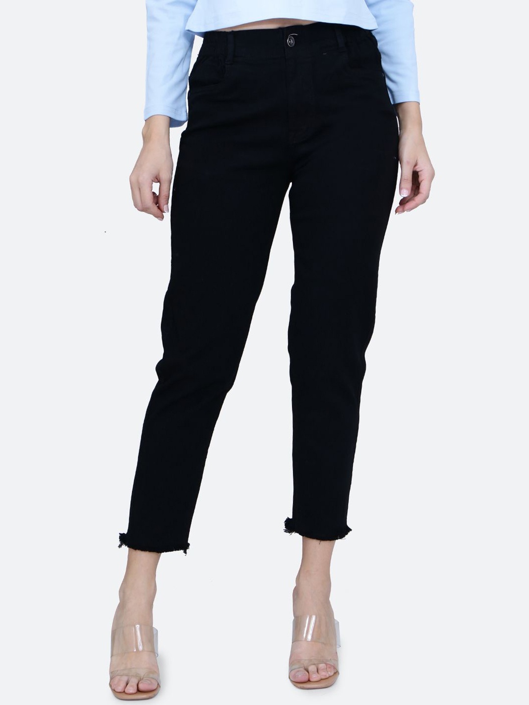 

FCK-3 Women Hottie Mom Fit High-Rise Clean Loook Cropped Stretchable Jeans, Black