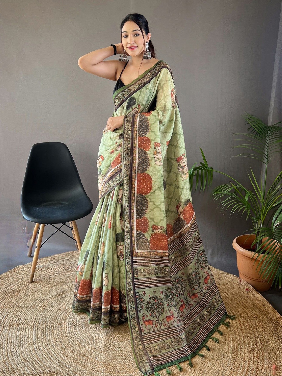 

LeeliPeeri Designer Floral Block Print Saree, Green