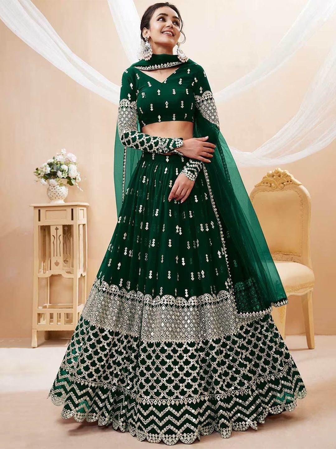 

Kedar Fab Embroidered V-Neck Semi-Stitched Lehenga & Unstitched Blouse With Dupatta, Green
