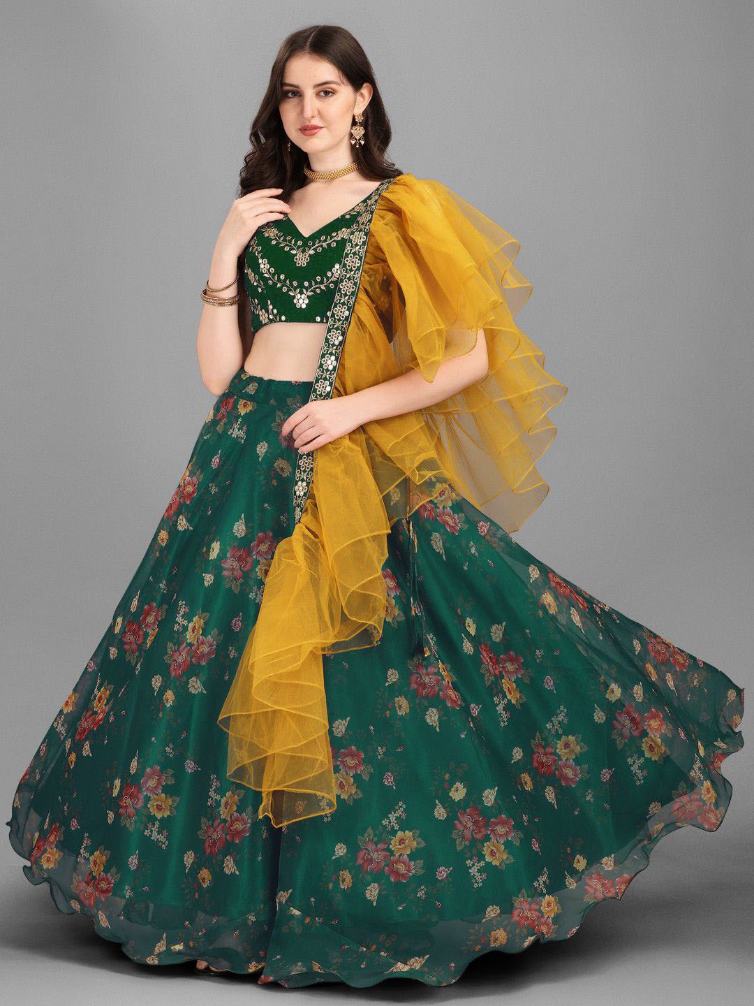 

Kedar Fab Printed Sequinned Semi-Stitched Lehenga & Unstitched Blouse With Dupatta, Green
