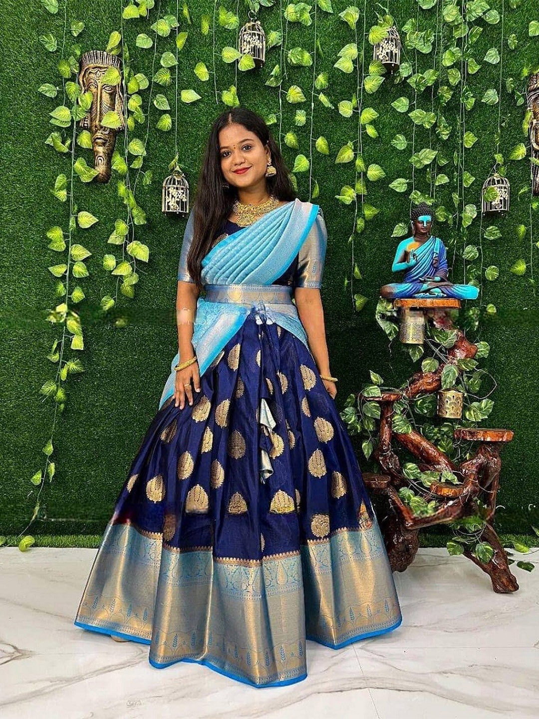 

Kedar Fab Woven Design Silk Semi Stitched Lehenga & Unstitched Blouse With Dupatta, Navy blue