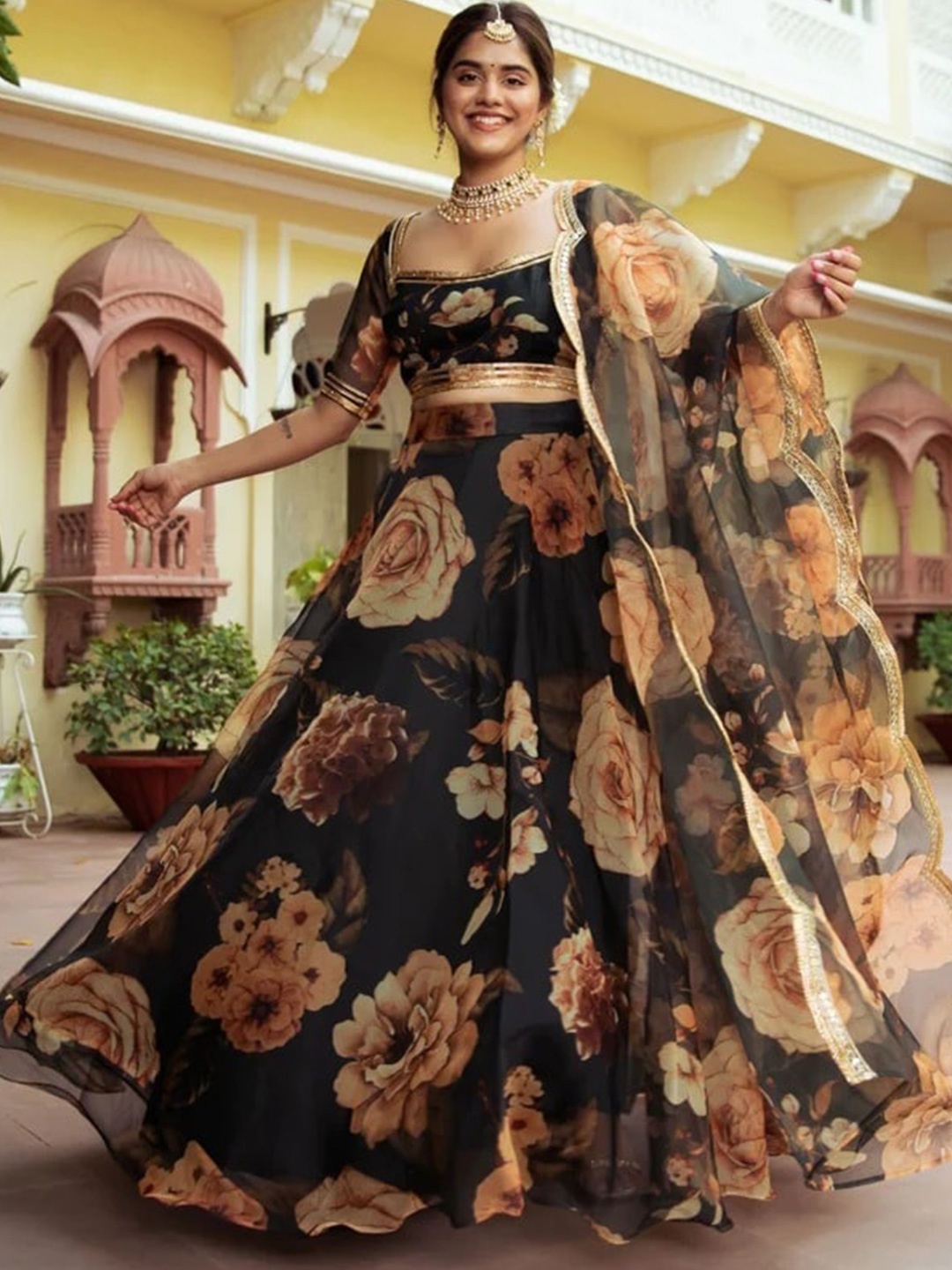 

Kedar Fab Printed Organza Semi-Stitched Lehenga & Unstitched Blouse With Dupatta, Black