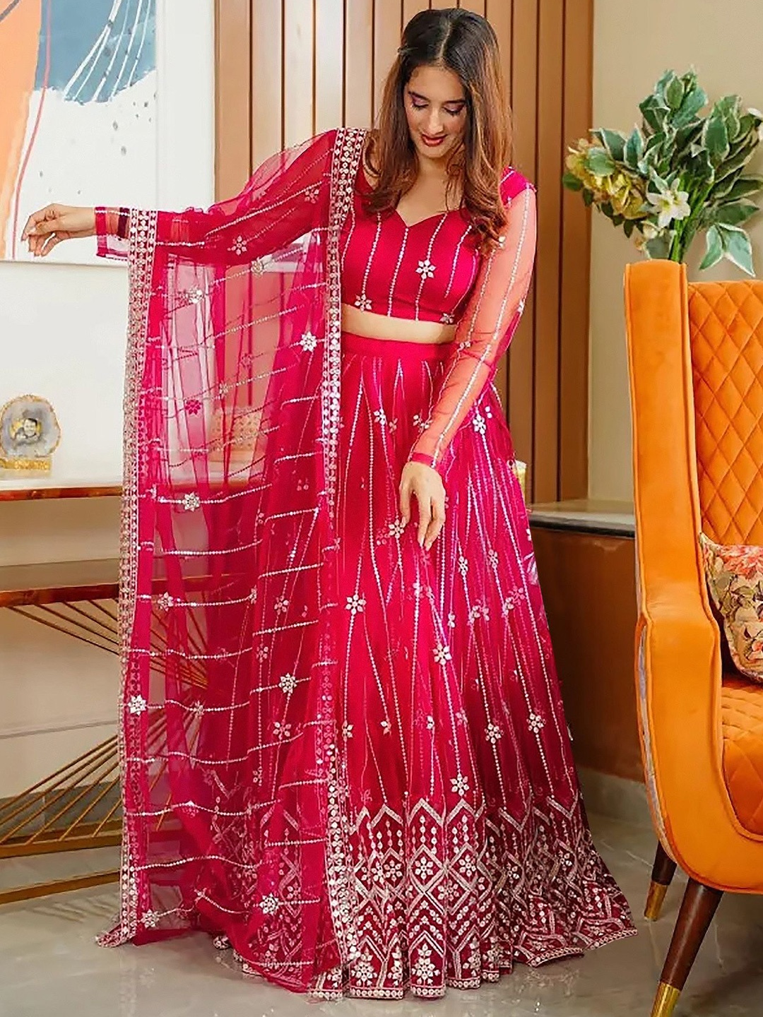 

Kedar Fab Embroidered V-Neck Net Semi-Stitched Lehenga & Unstitched Blouse With Dupatta, Pink