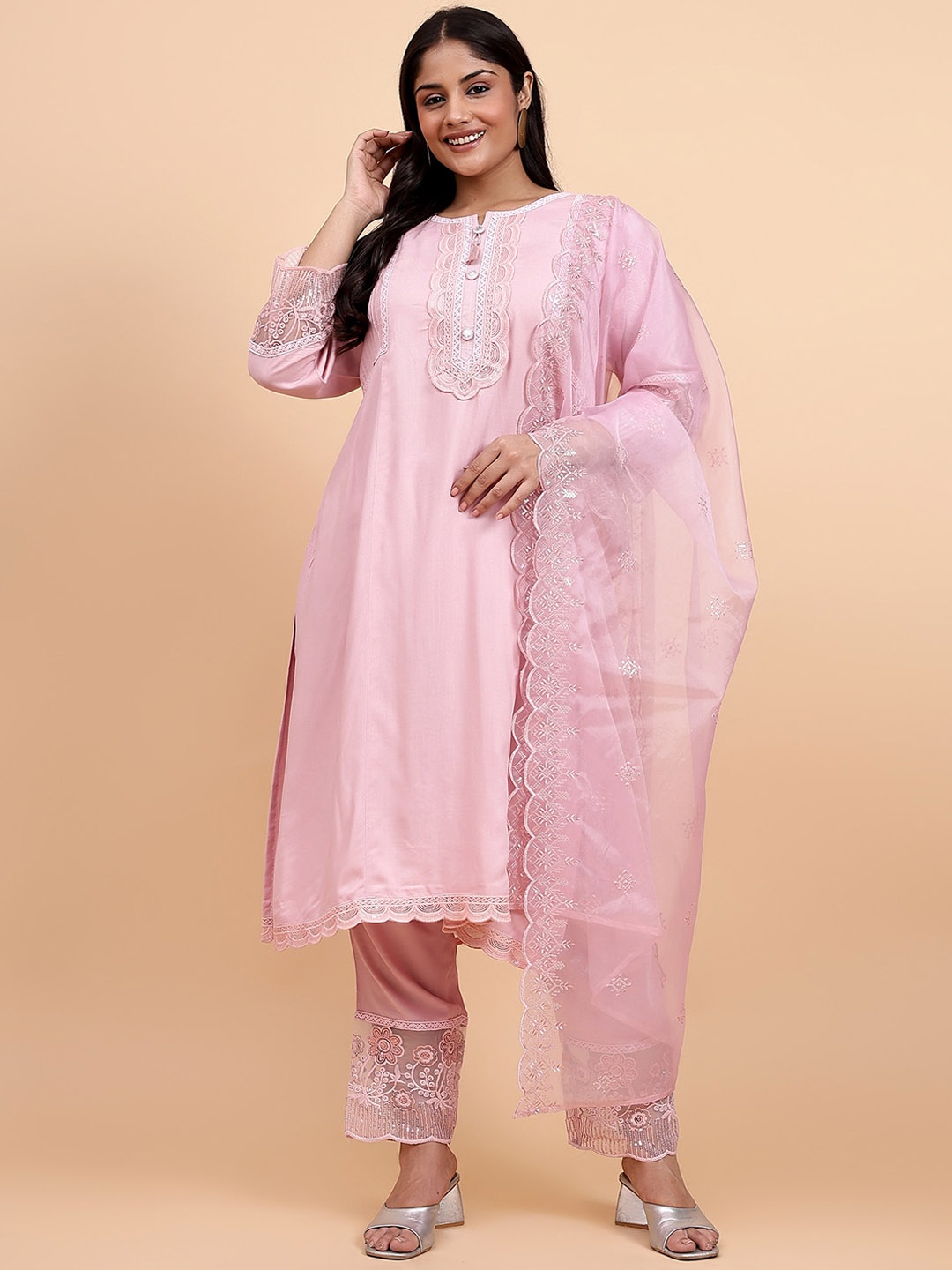 

Bani Women Plus Size Embroidered Thread Work Liva Straight Kurta With Trousers & Dupatta, Pink