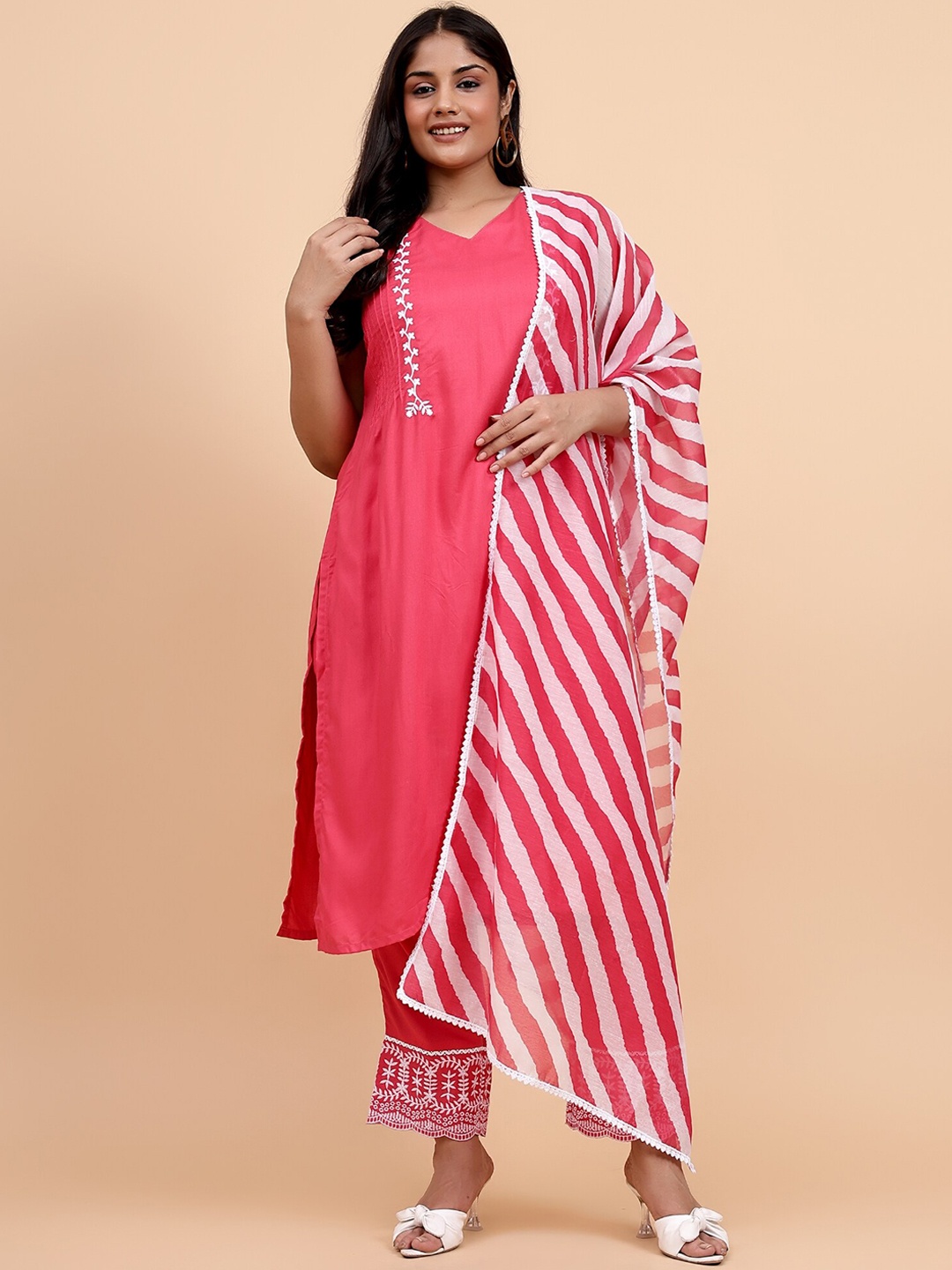 

Bani Women Floral Yoke Design Thread Work Liva Straight Kurta With Trousers & Dupatta, Magenta
