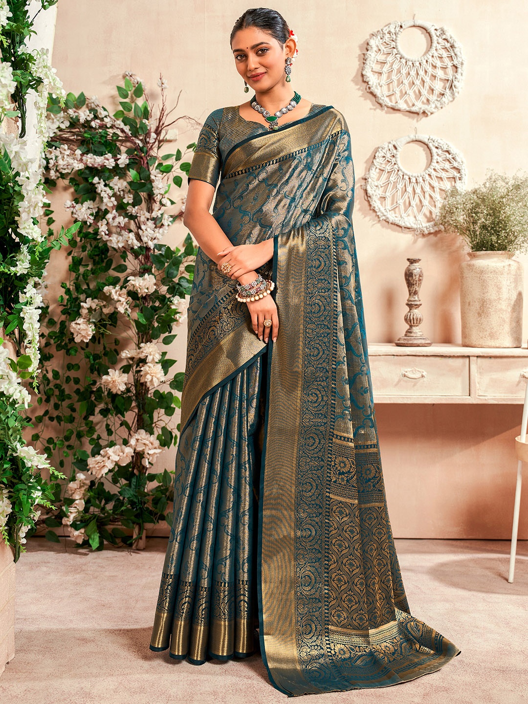 

Satrani Woven Design Zari Pure Georgette Banarasi Saree, Teal