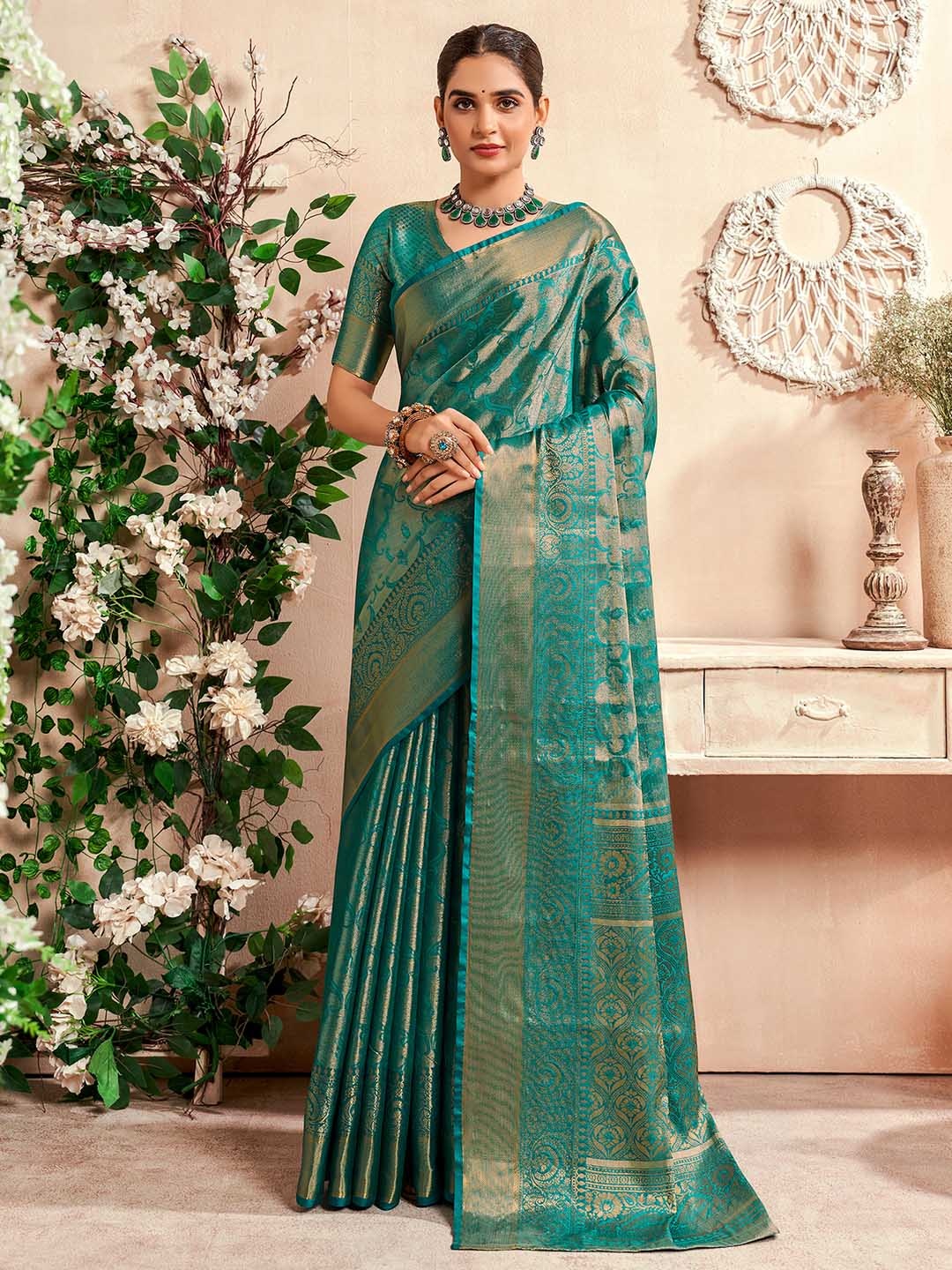 

Satrani Woven Design Zari Pure Georgette Banarasi Saree, Teal