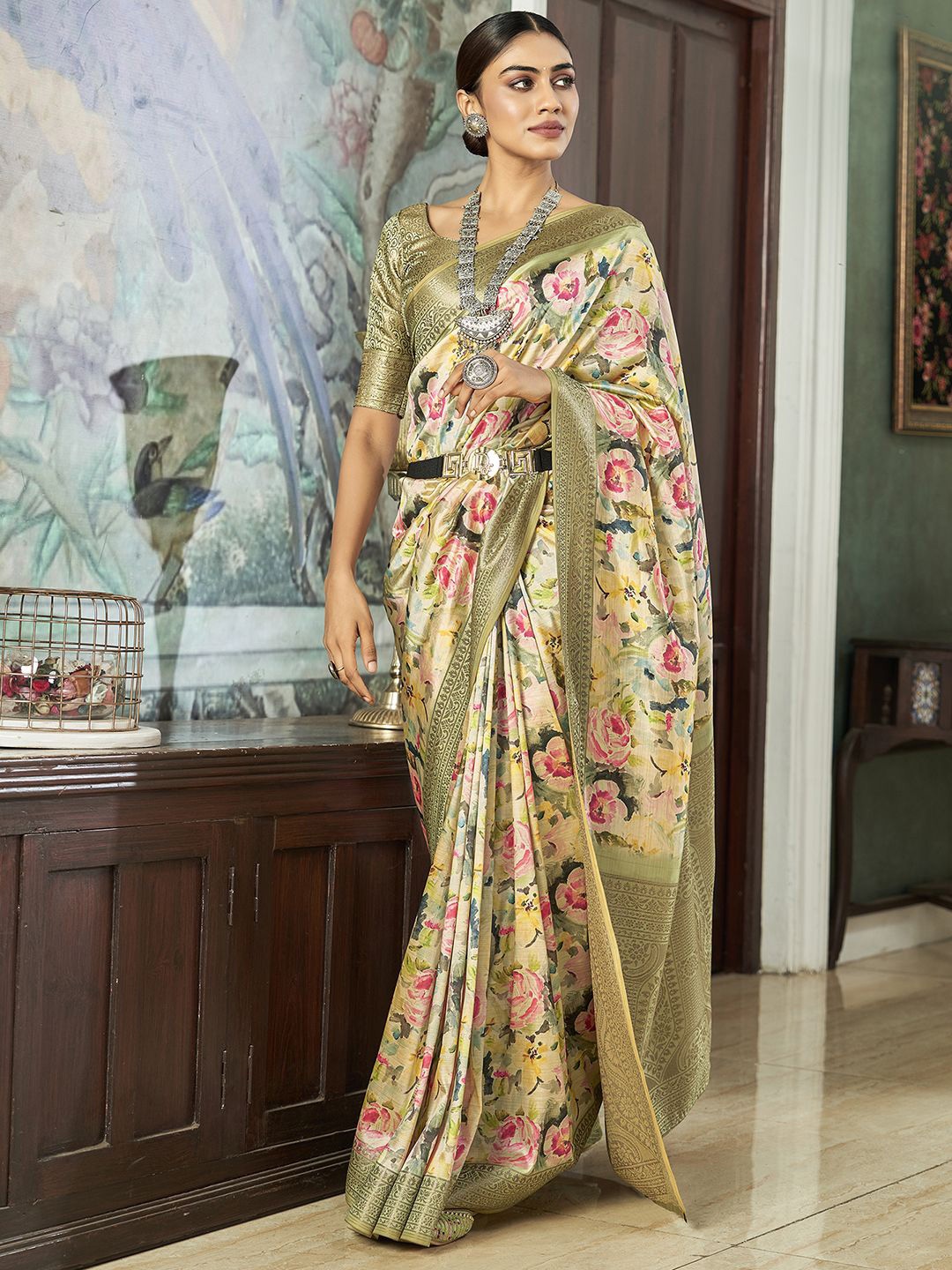 

Satrani Floral Zari Saree, Lime green