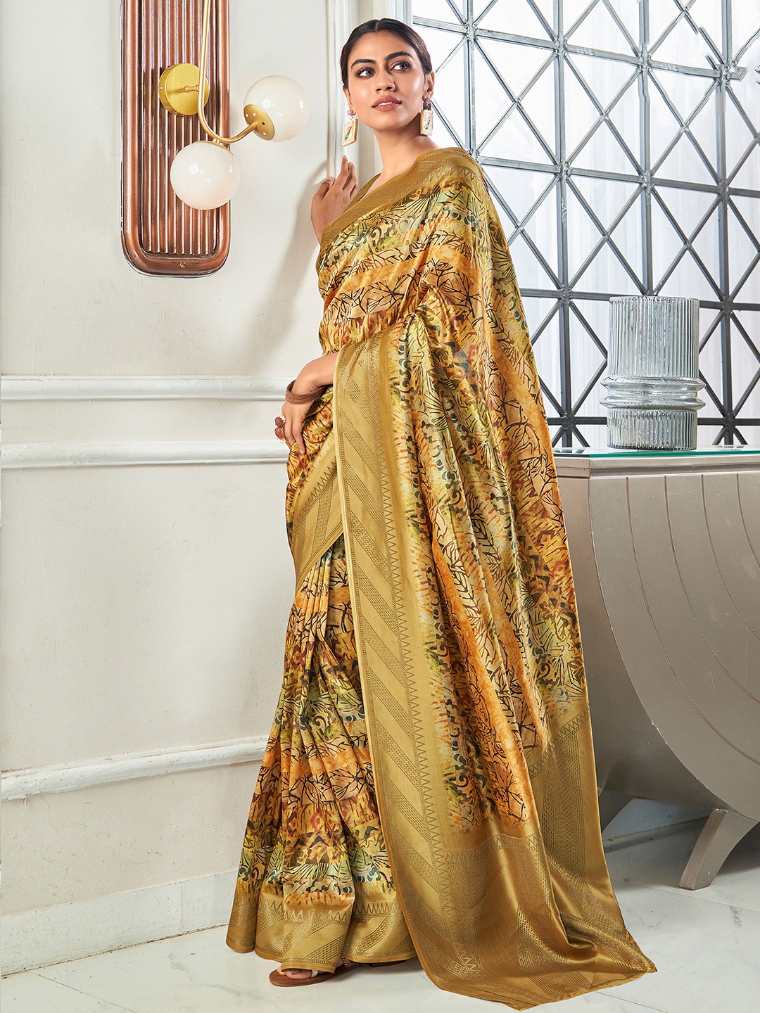 

Satrani Woven Design Zari Pure Georgette Banarasi Saree, Mustard