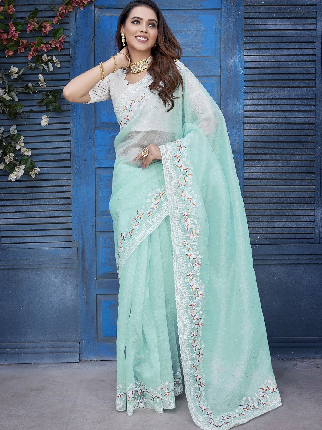 

LeeliPeeri Designer Embellished Beads and Stones Tussar Saree, Blue