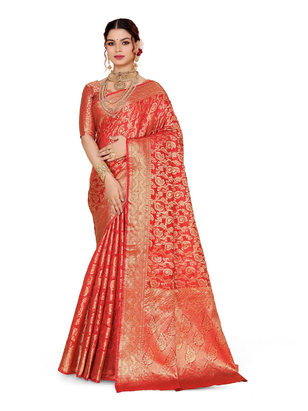 

AKSH FASHION Woven Design Zari Organza Banarasi Saree, Red