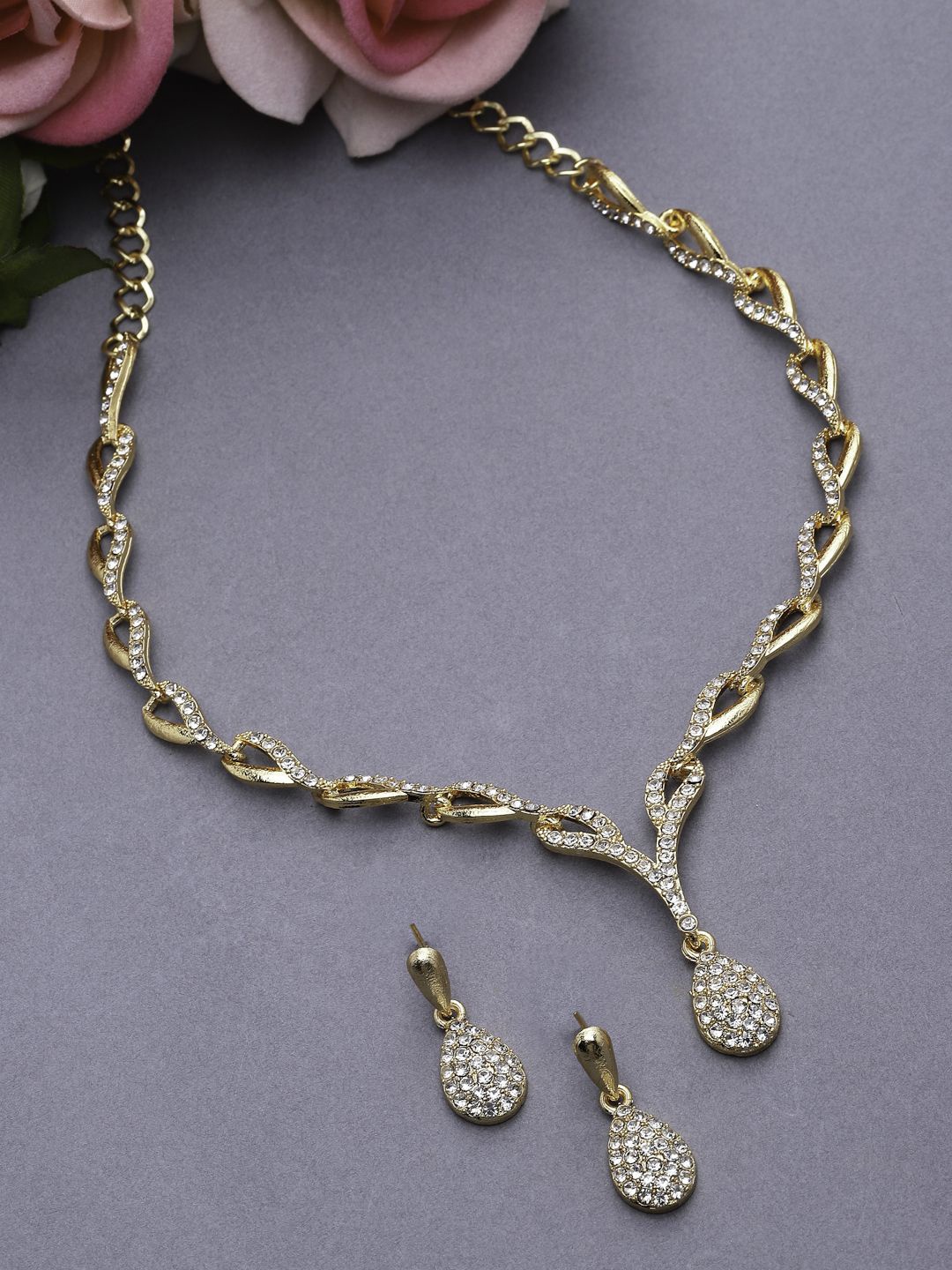 

ZENEME Gold-Plated Cubic Zirconia Studded Teardrop Shaped Jewellery Set