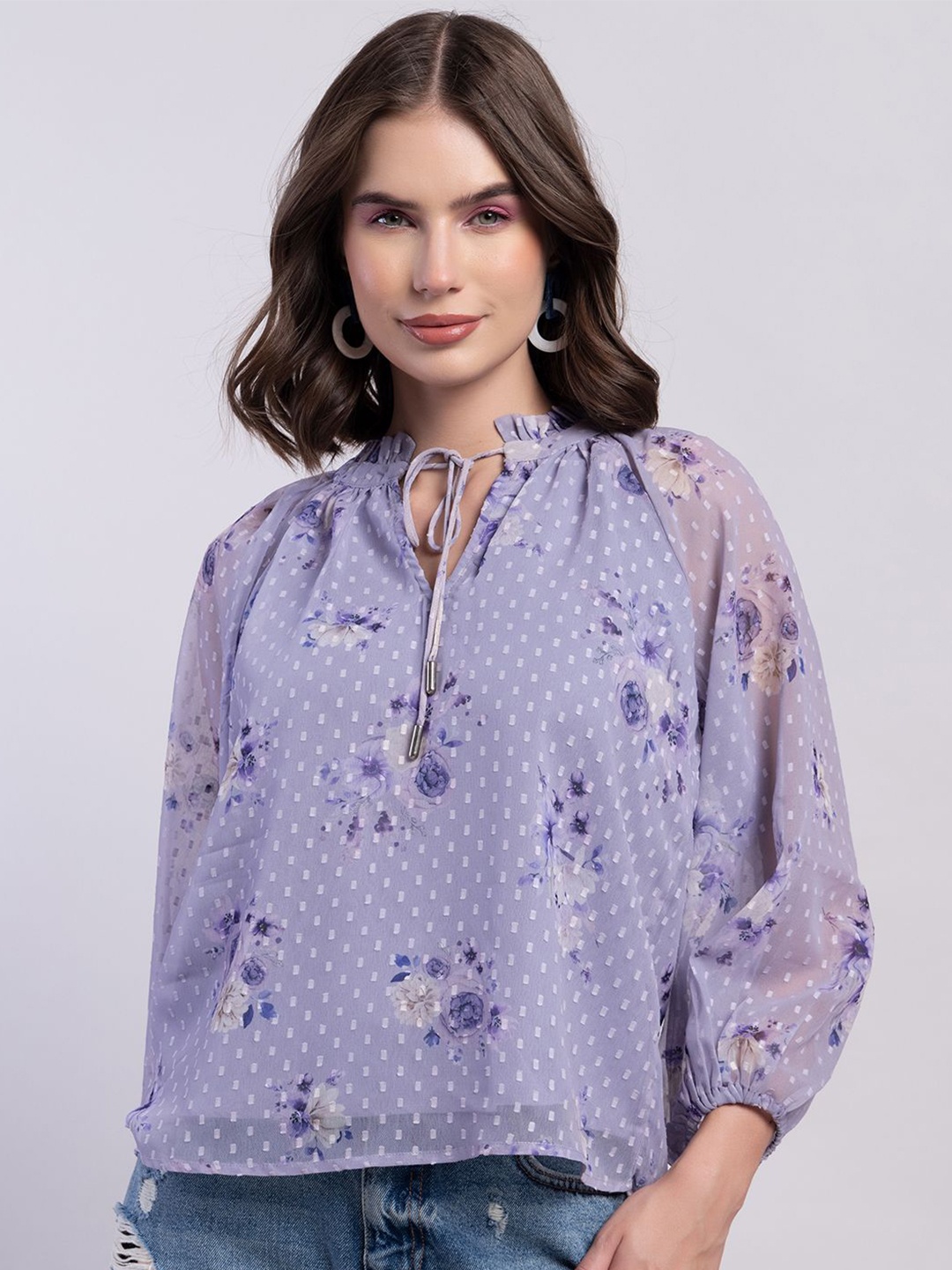 

FabAlley Purple Floral Print Tie-Up Neck Raglan Sleeves Regular Top