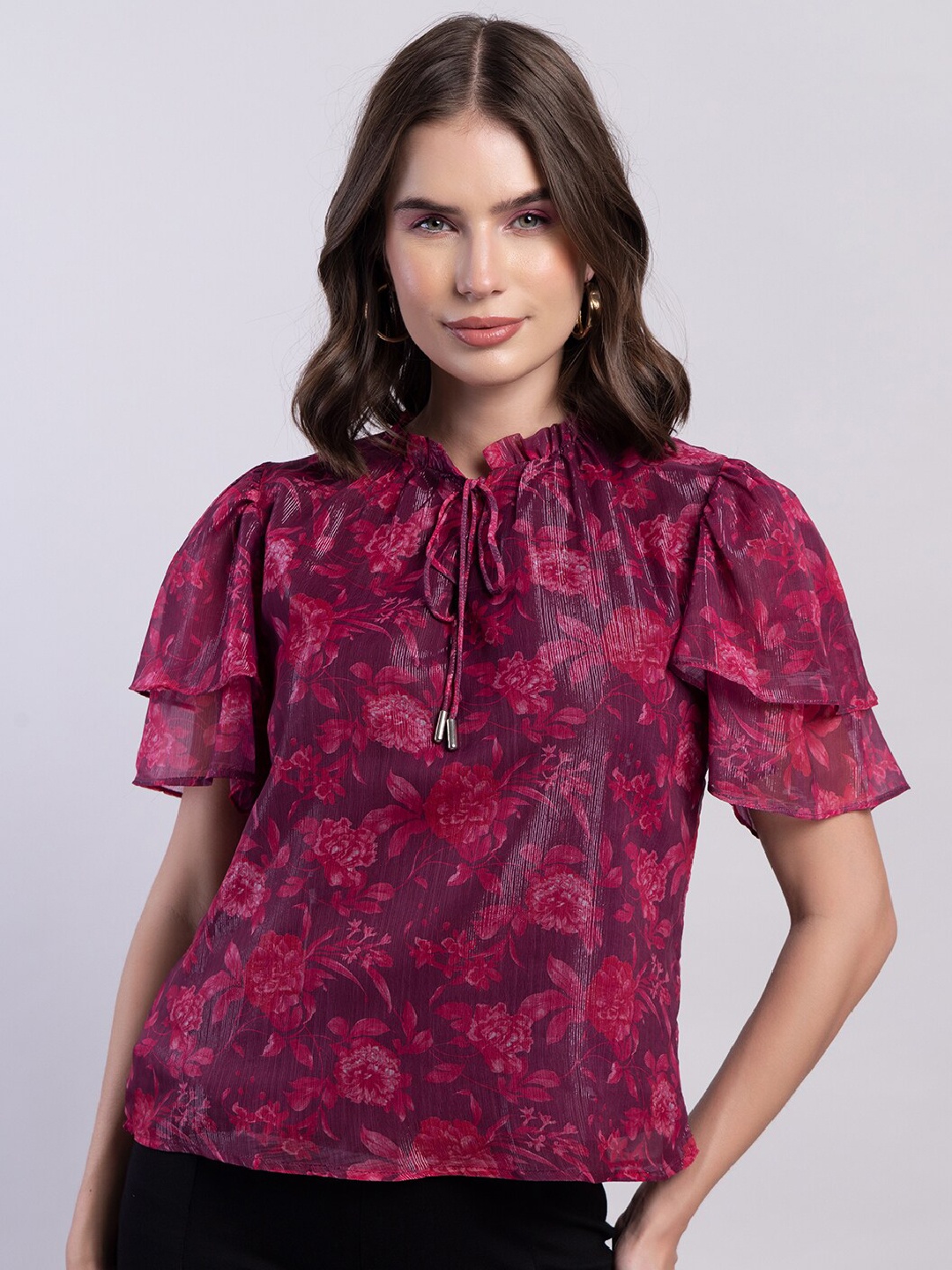 

FabAlley Pink Floral Print Tie-Up Neck Flared Sleeves Regular Top