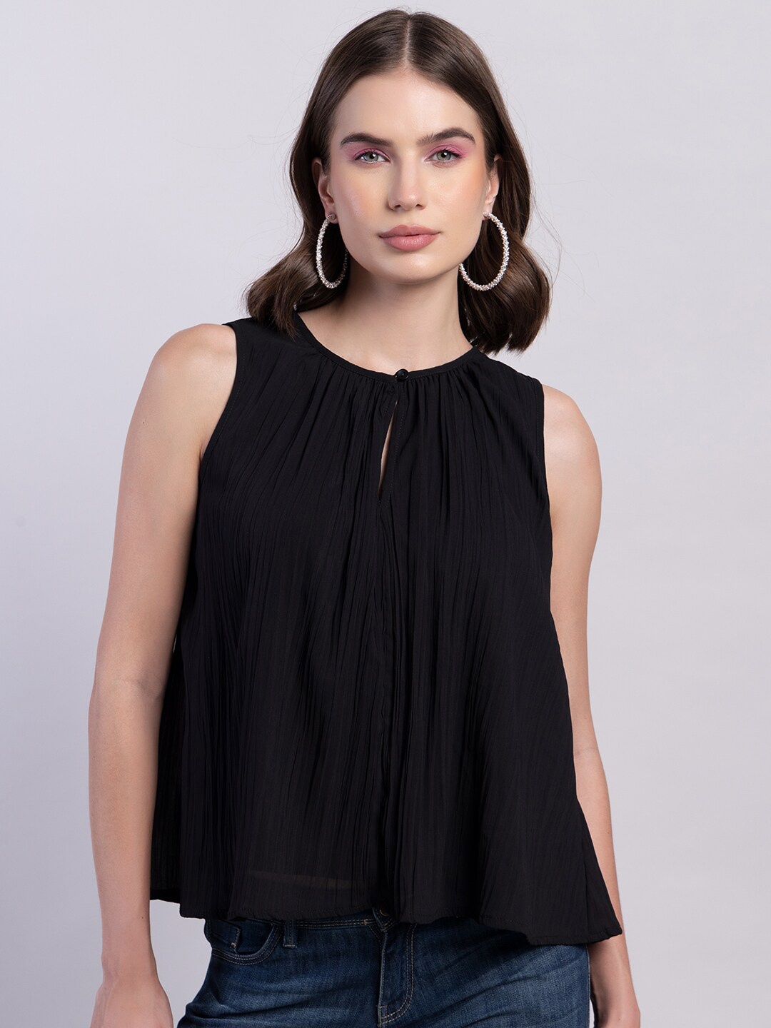 

FabAlley Women Keyhole Neck Sleeveless Georgette Top, Black