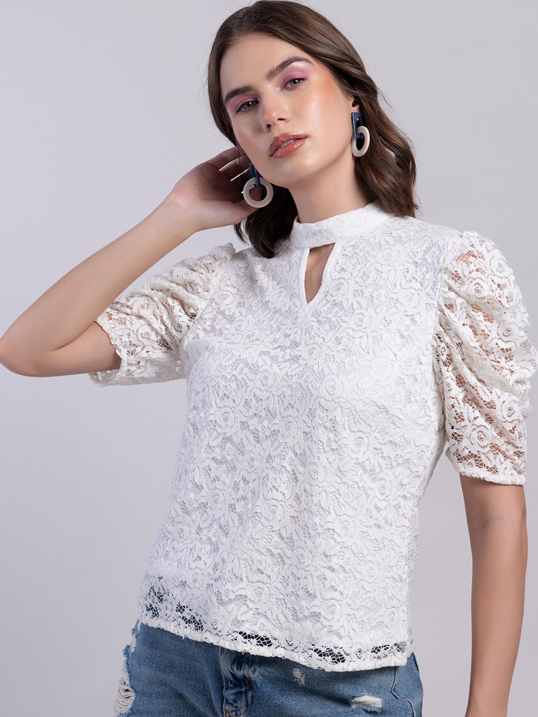 

FabAlley Women Keyhole Neck Puff Sleeve Self Design Lace Top, White